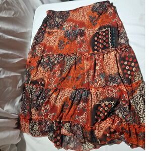 Notations Womens Tiered Maxi Skirt Patchwork Paisley Boho Orange MYRK0174 Size L